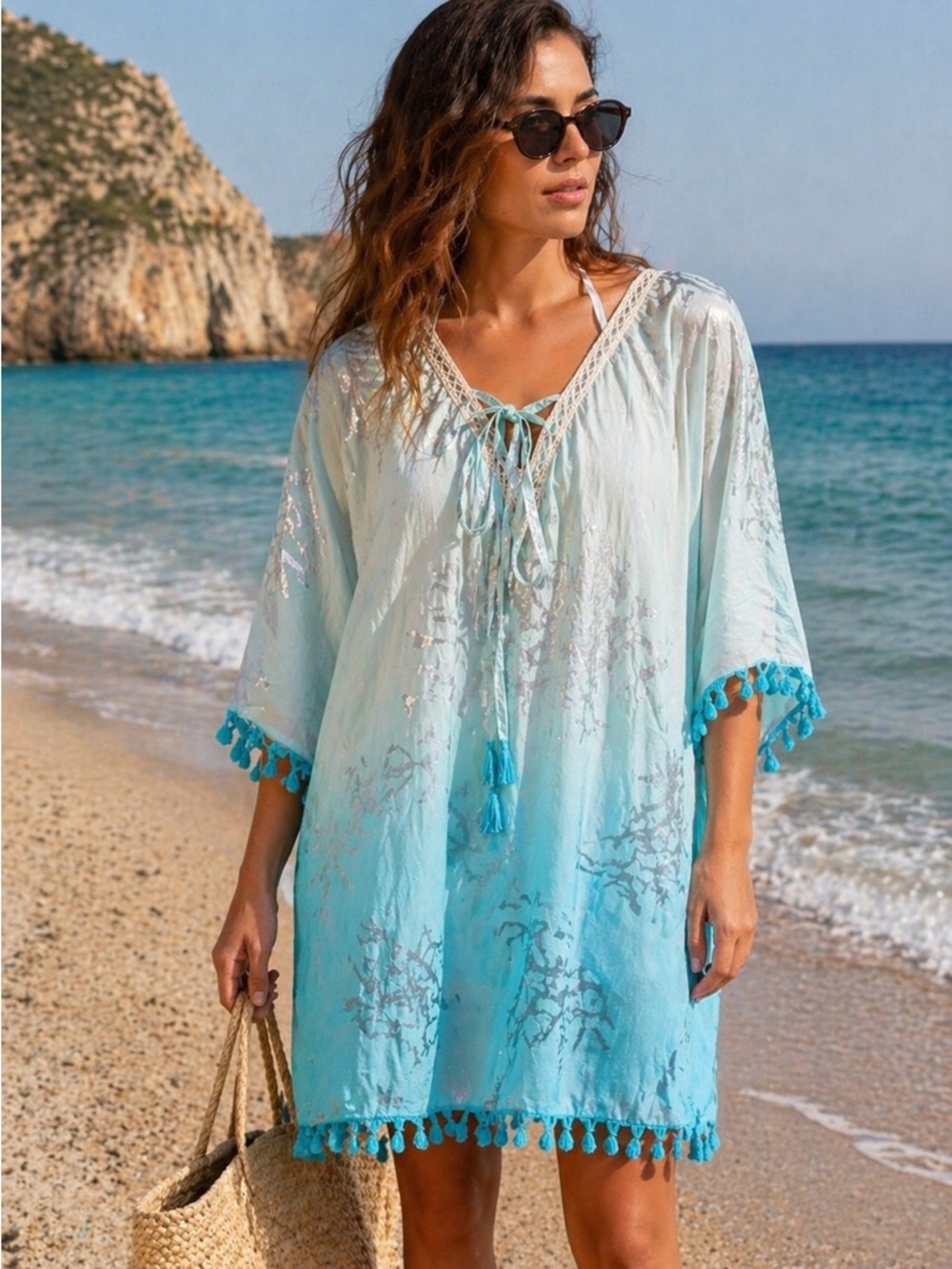 White Waves Swim Cover Up – O/S NWT Aqua Ombre Tassel